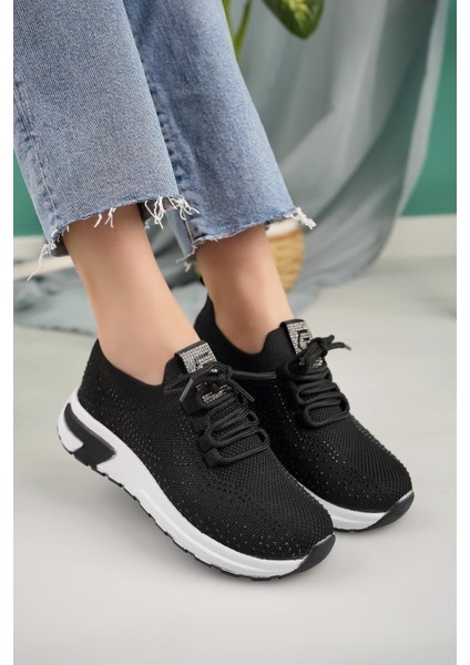 Kadın Bağcıklı Taşlı Triko Rahat Kadın Sneaker