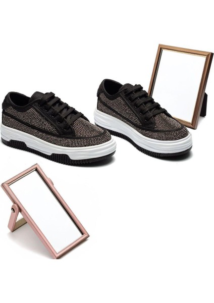 Kadın Yüksek Tabanlı Bağcıklı Spor Ayakkabı Konforlu Bez Malzeme ile