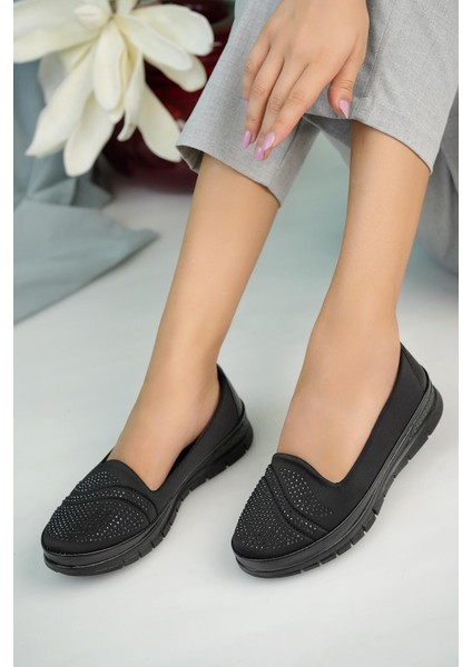 Kadın Ortopedik Anatomik Taban Kaymaz Ayakkabı Düz Topuklu Suni Deri Siyah