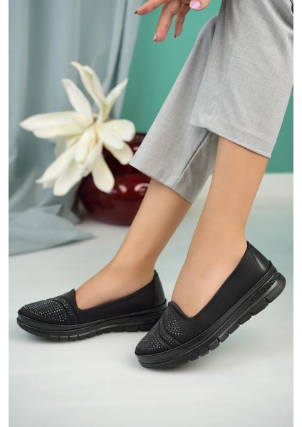 Kadın Ortopedik Anatomik Taban Kaymaz Ayakkabı Düz Topuklu Suni Deri Siyah modelleri
