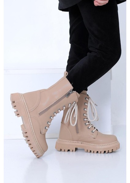 Kız Çocuk Bej Yanı Fermuar Detaylı Bağcıklı ve Fermuarlı Bot