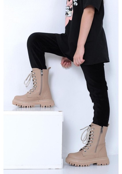 Kız Çocuk Bej Yanı Fermuar Detaylı Bağcıklı ve Fermuarlı Bot fiyatları