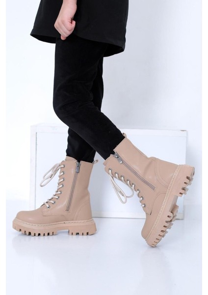 Kız Çocuk Bej Yanı Fermuar Detaylı Bağcıklı ve Fermuarlı Bot modelleri