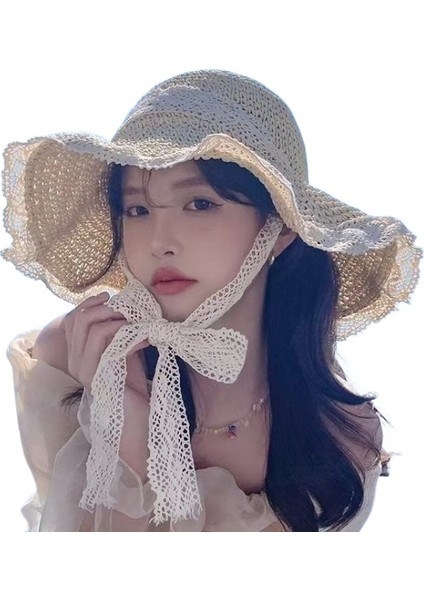 Yaz Yeni Fransız Hasır Şapka Kadın Nefes Alabilen Dantel Içi Boş Güneş Koruma Plaj Şapkası (Yurt Dışından)