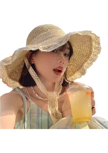Yaz Yeni Fransız Hasır Şapka Kadın Nefes Alabilen Dantel Içi Boş Güneş Koruma Plaj Şapkası (Yurt Dışından)