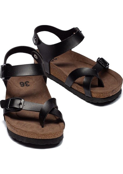 Kadın Deri Günlük Sandalet Çift Bantlı Terlik Eva Taban Poli Ortopedik