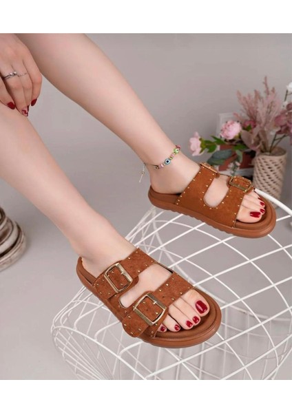 Kadın Süet Çift Bantlı Troplu Konforlu Ortopedik Taban Terlik