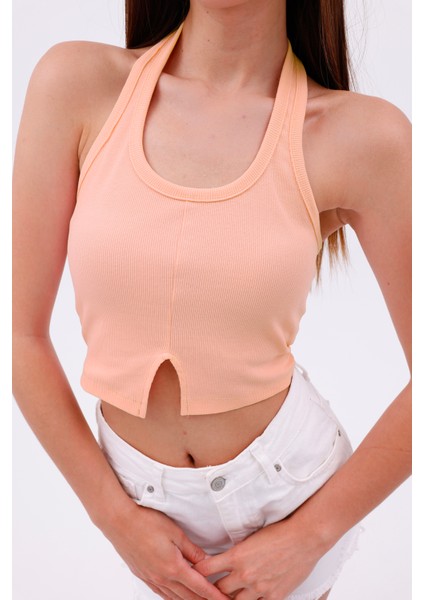 Dashed Halter Yaka Ön Yırtmaç Detaylı Kadın Crop Bluz, Sırt Dekolteli