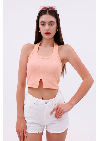 Dashed Halter Yaka Ön Yırtmaç Detaylı Kadın Crop Bluz, Sırt Dekolteli fırsatları