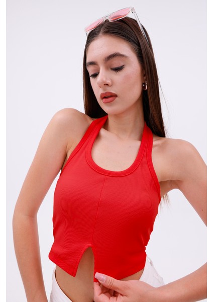 Dashed Halter Yaka Ön Yırtmaç Detaylı Kadın Crop Bluz, Sırt Dekolteli modelleri
