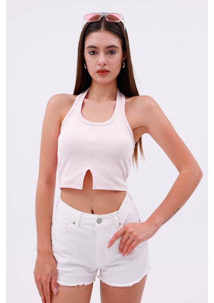 Dashed Halter Yaka Ön Yırtmaç Detaylı Kadın Crop Bluz, Sırt Dekolteli fırsatları