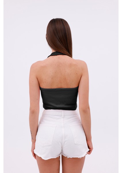 Dashed Halter Yaka Ön Yırtmaç Detaylı Kadın Crop Bluz, Sırt Dekolteli indirimleri