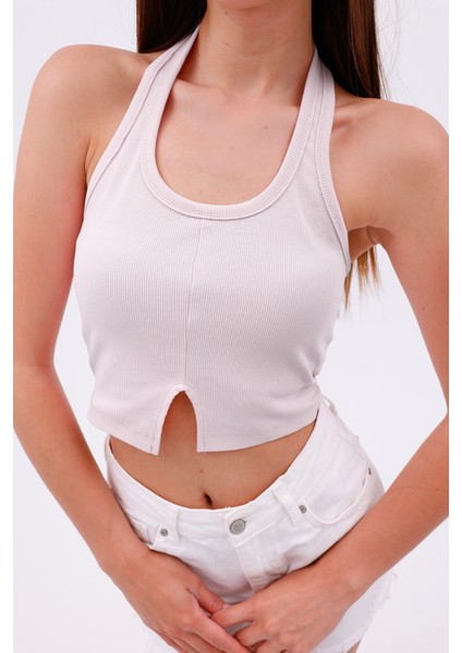 Dashed Halter Yaka Ön Yırtmaç Detaylı Kadın Crop Bluz, Sırt Dekolteli