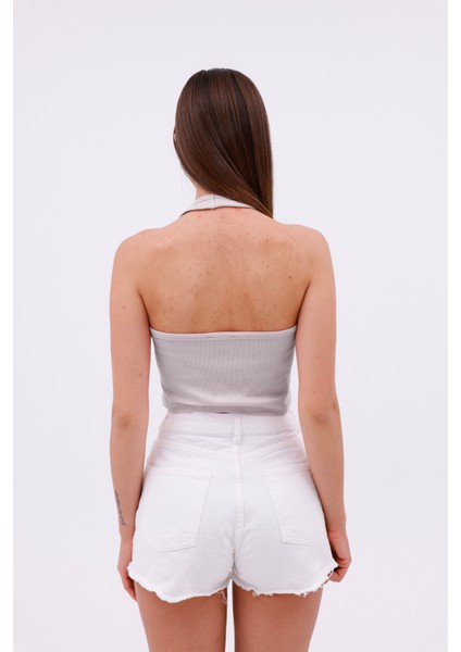 Dashed Halter Yaka Ön Yırtmaç Detaylı Kadın Crop Bluz, Sırt Dekolteli modelleri