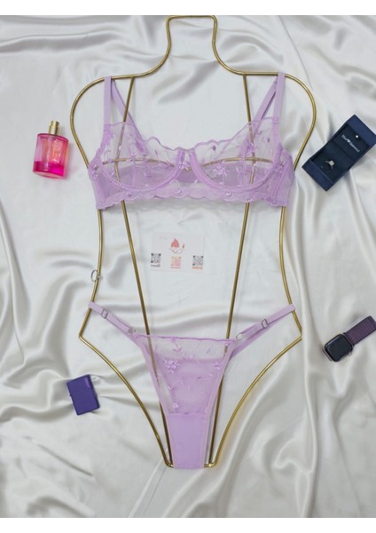 Zarif Dantel Transparan Brode İç Çamaşırı Takımı