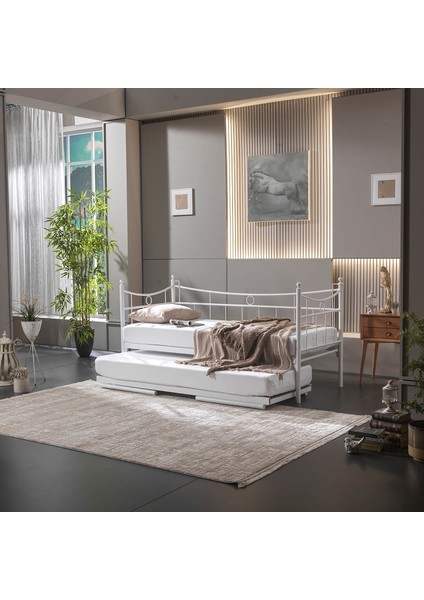 Daily Yavrulu Karyola Daybed Tek-Çift Kişilik Metal Karyola Beyaz