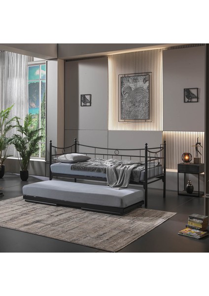 Daily Yavrulu Karyola Daybed Tek-Çift Kişilik Metal Karyola Siyah