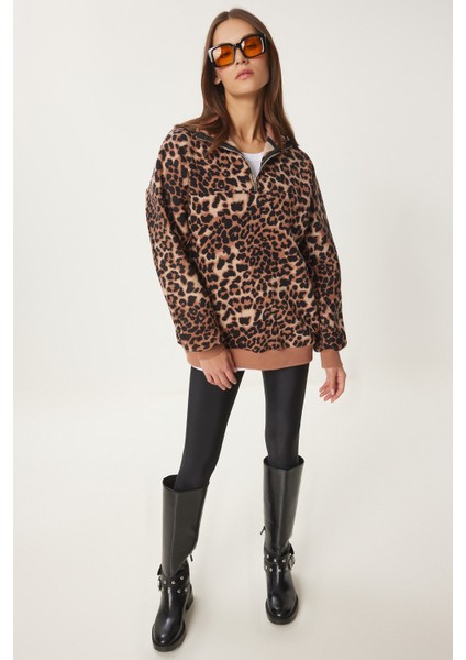 Leopar Desenli Dik Yaka Şardonlu Sweatshirt LDP0025 Bisküvi Siyah