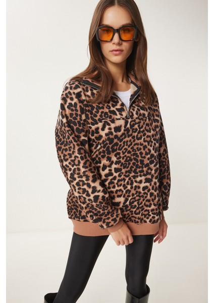 Leopar Desenli Dik Yaka Şardonlu Sweatshirt LDP0025 Bisküvi Siyah fiyatları