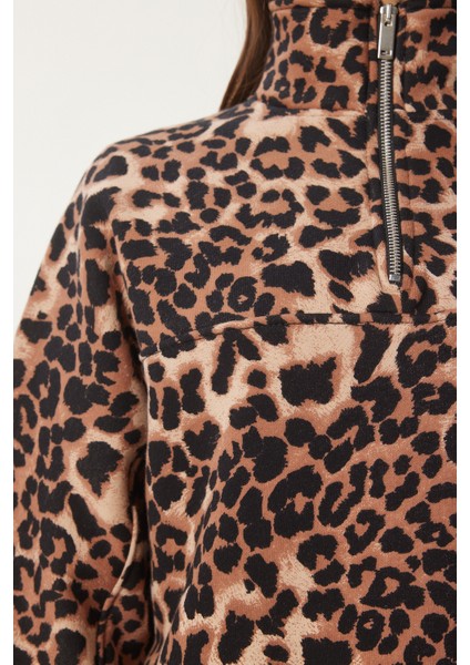 Leopar Desenli Dik Yaka Şardonlu Sweatshirt LDP0025 Bisküvi Siyah indirimleri
