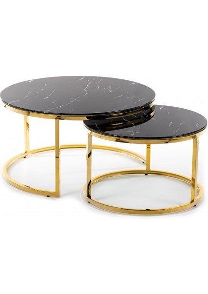 Niyah Siyah Mermer Desenli Cam Pirinç Orta Sehpa Gold