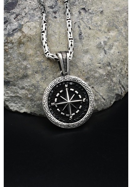 Kutup Yıldızlı Pusula Grek Desenli 925 Ayar Gümüş Kolye Kral Zincir 2mm 902161