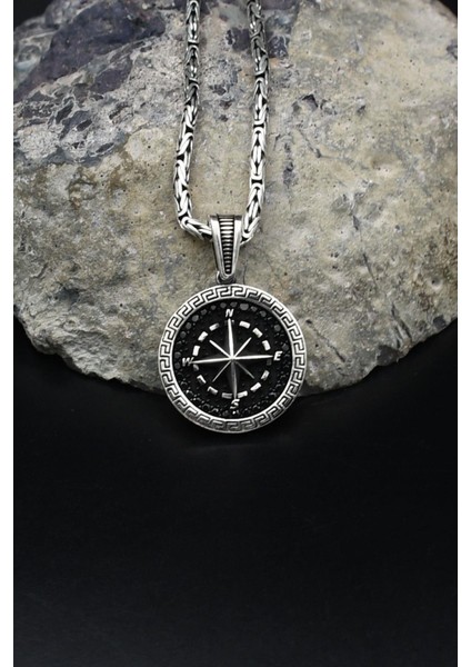 Kutup Yıldızlı Pusula Grek Desenli 925 Ayar Gümüş Kolye Kral Zincir 2mm 902161 modelleri