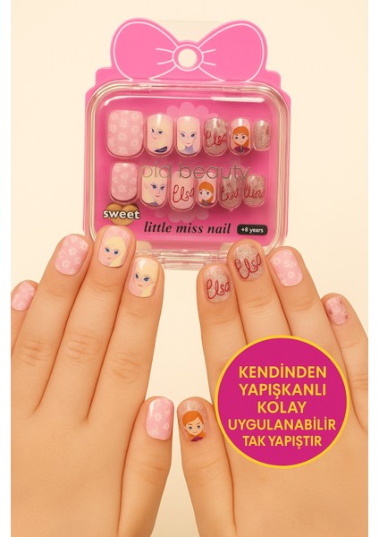 Frozen Temalı 12 Li Yapışkan Stickerlı Kendi Çantasında Çocuk Takma Tırnak Seti- 5- 14 Yaş Arası
