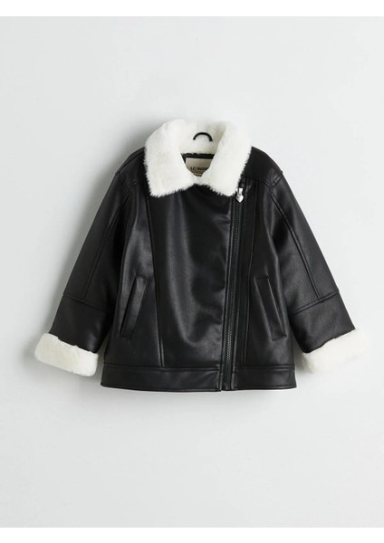 Yakası Kürklü Deri Görünümlü Kız Çocuk Ceket (W5)