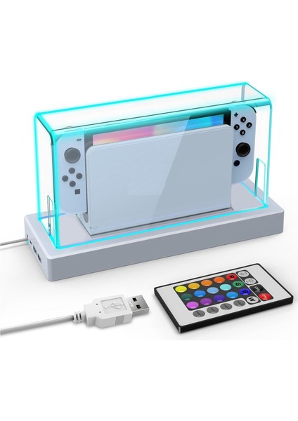 Akrilik Şeffaf Toz Kapağı ve 16 LED Renkli Işık Tabanı Nintendo Switch/oled Ekran Kutusu Dock Kapağı ile Uyumlu (Yurt Dışından)