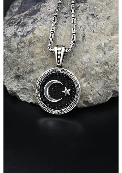 Grek Desenli Ay Yıldızlı - Ay Yıldız - 925 Ayar Gümüş Kolye Kral Zincir 2mm 902162