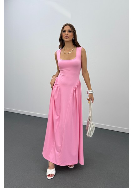 Ayge Pileli Kalın Askılı Maxi Elbise