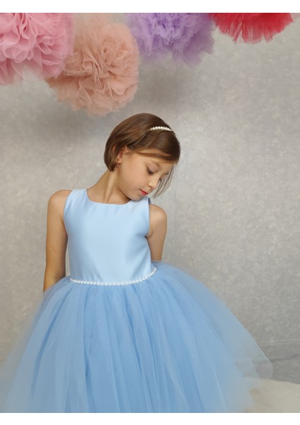Kız Çocuk Ada Model Abiye Bebe Mavi Bel Incili Elbise