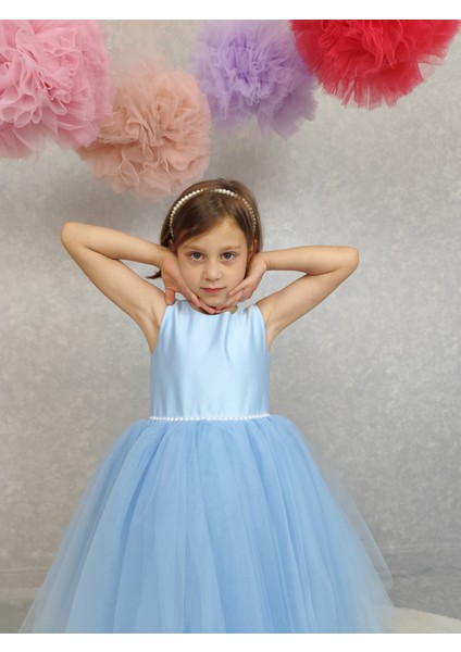 Kız Çocuk Ada Model Abiye Bebe Mavi Bel Incili Elbise fiyatları