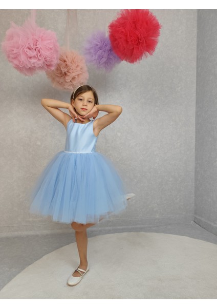 Kız Çocuk Ada Model Abiye Bebe Mavi Bel Incili Elbise modelleri