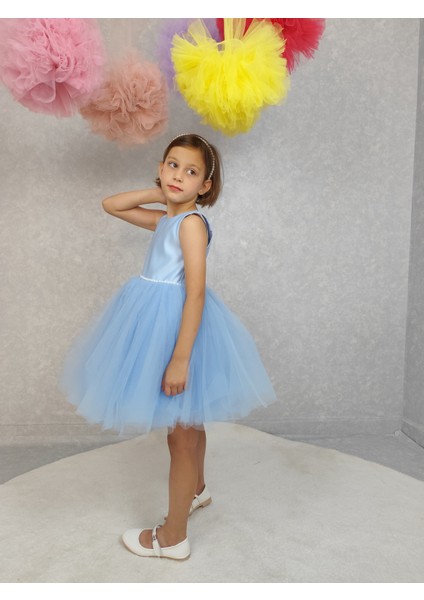 Kız Çocuk Ada Model Abiye Bebe Mavi Bel Incili Elbise fırsatları