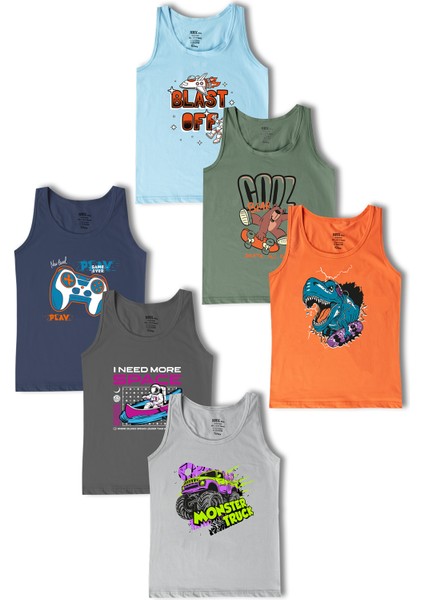 6'lı Baskılı Pamuklu Kalın Askılı Erkek Çocuk Atlet