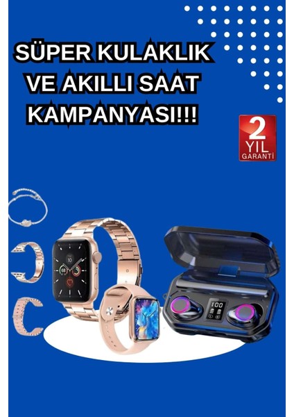 Kadınlar Için 3 Kordonlu Akıllı Saat ve Dijital Göstergeli Powerbankli Bluetooth Kulaklık Dokunmatik Kontrol