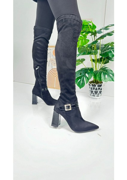 Günlük Kadın Çizme Kalın Deri Topuklu Altın Tokalı Dizüstü Streç Süet Sivri Burun Tırtıklı Taban 371 modelleri