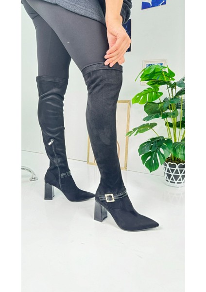 Günlük Kadın Çizme Kalın Deri Topuklu Altın Tokalı Dizüstü Streç Süet Sivri Burun Tırtıklı Taban 371