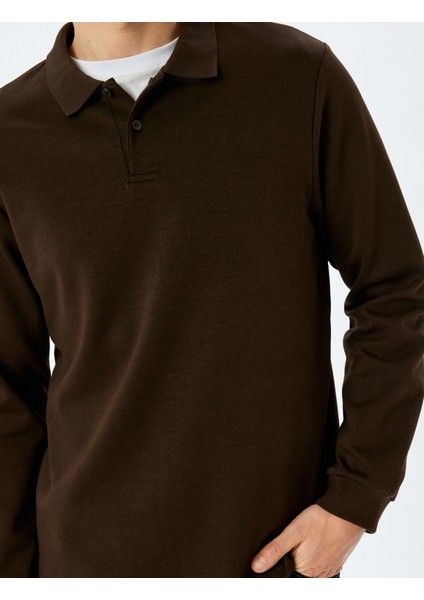 Polo Yaka Sweatshirt Basic Düğmeli Pamuklu Interlok Kumaş indirimleri