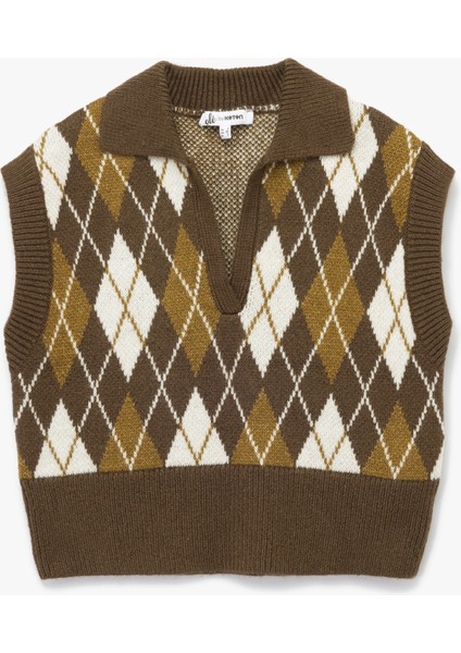 Kolsuz Baklava Desenli Jakarlı Polo Yaka Triko Süveter