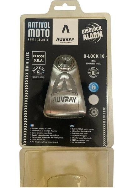 Auvray B-Lock 10 Çelik Alarmlı Disk Kilidi 10 mm 120DB