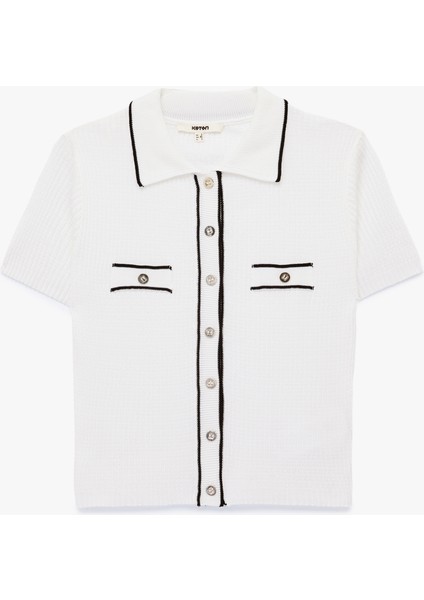 Cep Detaylı Düğmeli Polo Yaka Kısa Kollu Triko Kazak