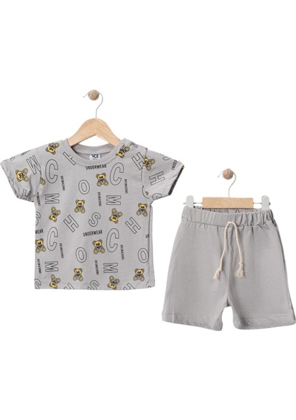 Ayı Baskılı Şortlu Takım Gri