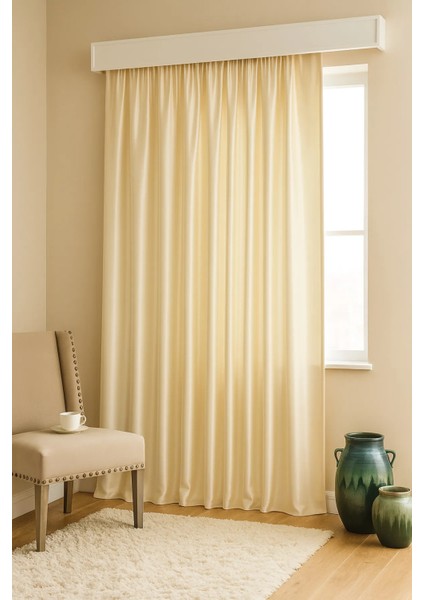 Hazır Saten Güneşlik Fon Perde Krem Renk | Kornişe Takılabilir Pilesiz Işık Geçirmez