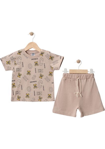 Ayı Baskılı Şortlu Takım Kahverengi