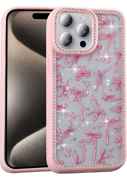 iPhone 15 Pro Max Kılıf Taşlı ve Simli Tasarım Otnv Azra Kapak - Pembe