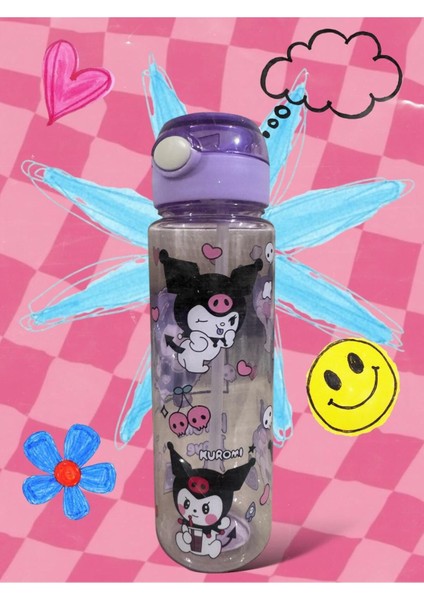 Kuromi Figürlü Sevimli Pipetli Çocuk Suluğu - Okul Matarası 600ML
