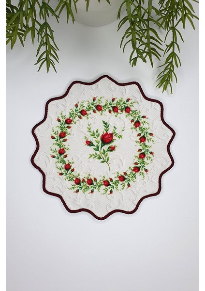 Kırmızı Zarif Gül Desenli Nakış Kenar Kumaş Kokteyl Peçetesi 1 Adet